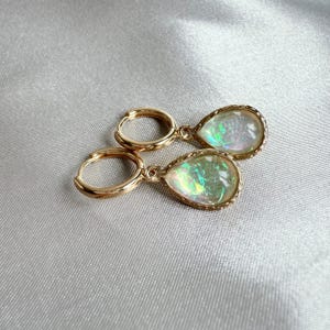 Imitation Opal Drop Earrings | 18K Gold Plated Teardrop Hoops |  Fire Effect Stone | Dainty Earrings Gift for Her, bridesmaid, wedding
