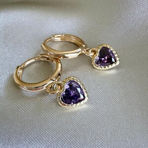 18k Gold Plated Purple Heart Huggie Hoop Earrings | Heart Crystal drop Earrings Gift for Her | Statement Jewellery | Dainty Everyday Hoops