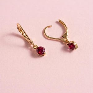 May include: A pair of gold-tone leverback earrings, each featuring a single round, deep red gemstone drop. The metal components have a polished finish, and the earrings are designed with a secure hinged closure mechanism.