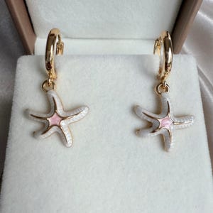 Gold Starfish Hoop Earrings | Pink & White Enamel Dangle Earrings | Coastal Summer Jewellery Gift