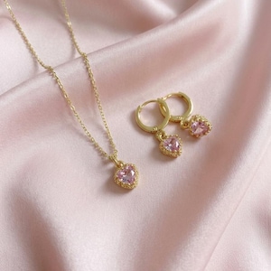 Gold Plated Pink Heart Jewellery Set, Cubic Zirconia Necklace & Hoop Earrings