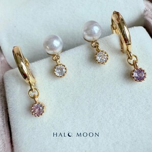 Gold Hoop and Pearl Stud stacking Earring Set | Dainty Purple Crystal Drops | Mix and Match Jewellery Gift for Her | Elegant Everyday Set