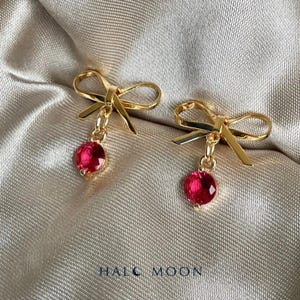 Gold Plated Bow Earrings, cerise pink red crystal CZ Heart Drop Studs, Dainty Statement Jewellery | Elegant Gift for Women | Bridal Earrings
