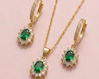 18k Gold Plated Emerald Green Crystal Necklace & Earrings jewellery Set
