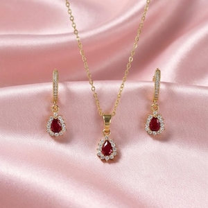 18k Gold Plated Red Crystal Necklace & Earrings jewellery Set