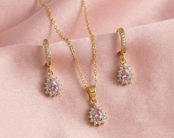 18k Gold Plated Light Baby Pink Crystal Necklace & Earrings jewellery Set
