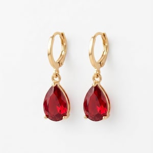 18K Gold Plated, Red Cubic Zirconia Teardrop Huggie Earrings | Brass | Nickel Free, 1.2Cm