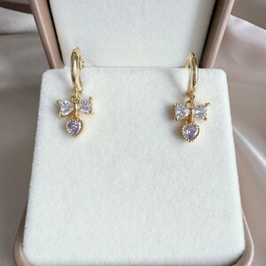 Real 18k Gold Plated Crystal | Bow and Lilac Heart Huggie Hoop Earrings | Wedding Bridal Bridesmaid Gift Jewellery