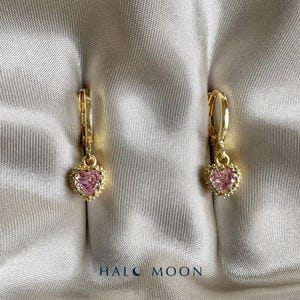 Small Gold Plated hoop Earrings, light pink crystal Heart Drop earrings, Dainty Statement jewellery, Gift for Women, bridesmaid earrings