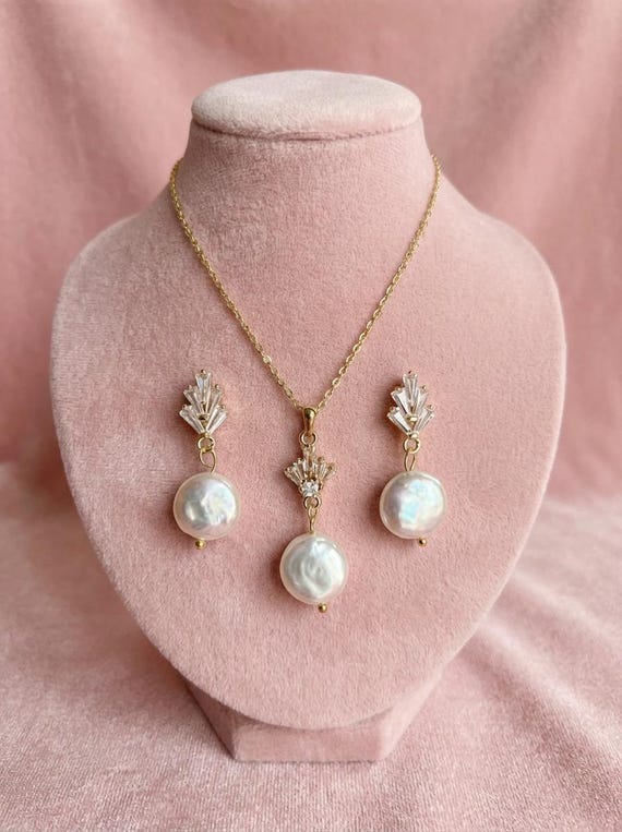 Baroque Pearl Bridal Jewellery Set - Art Deco 18k Gold Crystal Earrings