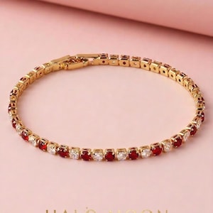 Red Tennis Bracelet, Gold-Plated Cubic Zirconia | Round Cut Stones | Dainty Bridal Jewellery 18Cm