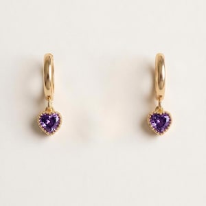 Gold Huggie Hoops, Purple Cz Heart | Nickel-Free Brass | 1.2 Cm | Dainty Gift | Wedding Keepsake