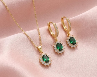 18k Gold Plated Emerald Green Crystal Necklace & Earrings jewellery Set