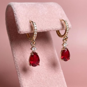 18k Gold Plated Red Cubic Zirconia Teardrop Huggie Hoop Earrings