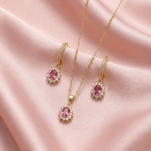 18k Gold Plated Ruby Pink Red CZ Crystal Necklace & Earrings Set, Bridal Jewellery