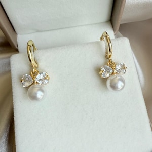 Gold Plated Pearl & Bow Drop Hoop Earrings | Crystal Bridal Earrings | Elegant Wedding Jewellery | Gift for Her | Statement Drop Earrings