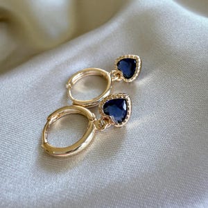 Gold Plated Navy Blue Heart Huggie Hoop Earrings | Heart Crystal Earrings | Elegant Gift for Her | Dainty Bridal Jewellery | Statement Hoops