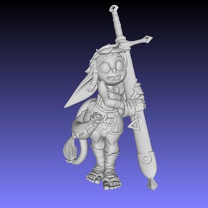 May include: A 3D-rendered figurine of a cartoon character holding a large sword. The character has large ears, a tail, and is wearing armour. The sword is taller than the character and has a detailed hilt. The figure is in a neutral pose against a blue background.