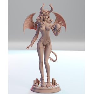 May include: A 3D printed figurine of a female demon with horns, wings, and a tail. She is wearing a revealing outfit and holding a skull in her right hand. The figurine is standing on a base with a wooden texture.