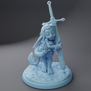 May include: A light blue miniature figurine of a fantasy creature holding a sword. The creature has a tail, large ears, and is wearing a belt with a pouch. The figurine is standing on a round base with a textured surface.