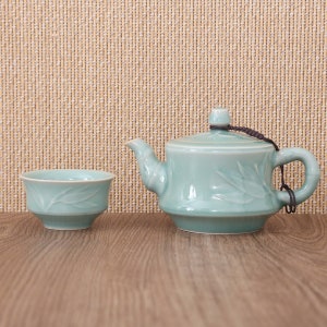 May include: A pale green ceramic tea set comprising a teapot and a teacup. The teapot features a lid and handle, while the teacup is small and round. Both items display a leaf pattern. The set rests on a wooden surface.