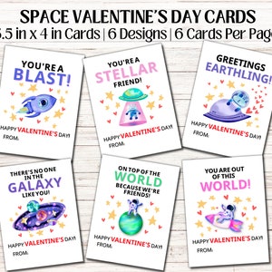 Space Valentine&#39;s Card for Kids| Outer Space Theme Valentine&#39;s Day Tags Set| Valentine Cards Class Party | Card Exchange Printable | DIY