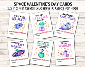 Tarjeta de San Valentín espacial para niños/ Tema del espacio exterior Etiquetas del Día de San Valentín Set/ Tarjetas de San Valentín Fiesta de clase / Intercambio de tarjetas imprimibles / DIY