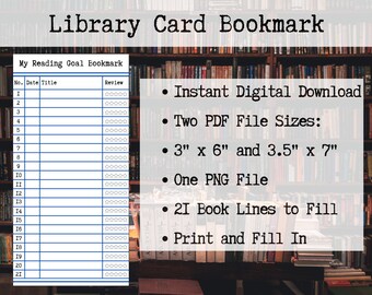Rastreador de marcadores imprimible / Rastreador de lectura imprimible / Rastreador de libros de tarjetas de biblioteca / Marcador para colorear / Desafío de libros / Revisión y plan