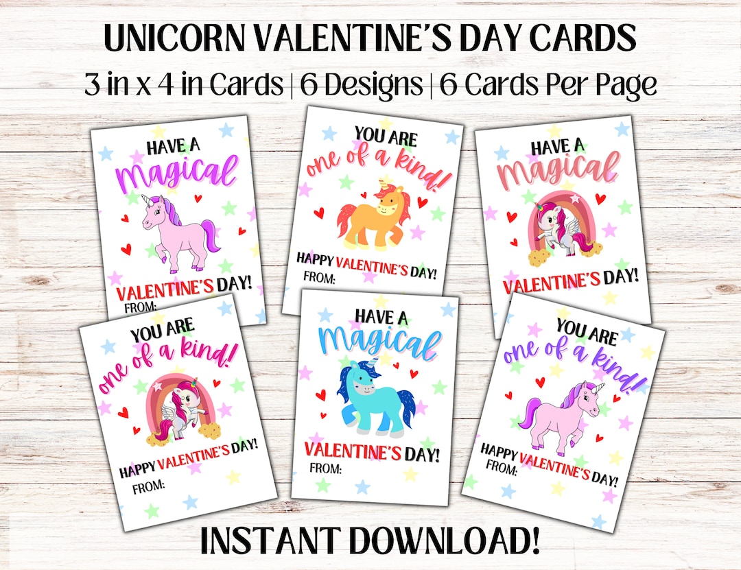 Unicorn Valentine Cards, Kids Valentine Cards, Printable School ...