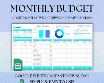Hoja de cálculo de presupuesto mensual, Presupuesto de Google Sheets, Hoja de cálculo de presupuesto, Presupuesto quincenal, Presupuesto de cheque de pago, Seguimiento de gastos, Planificador financiero