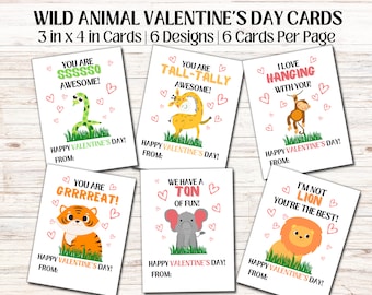 Tarjetas de San Valentín de animales salvajes para niños / Conjunto de tarjetas imprimibles instantáneas de la selva / Intercambio de tarjetas de San Valentín en el aula Descarga instantánea / Lindo
