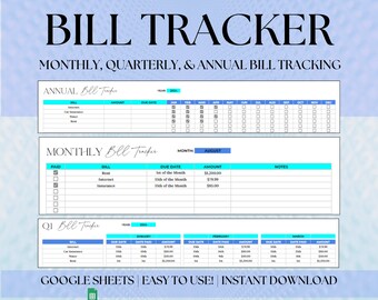 Organizador de pagos Bill Tracker, Rastreador de facturas de Google Sheets, Rastreador de pagos, Rastreador de facturas mensual y anual, Planificador de facturas, Rastreador imprimible