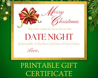 Certificado de regalo de noche de fecha de Navidad / Certificado de regalo de vacaciones / Regalo de Navidad DIY / Certificado de regalo imprimible / Imprimible romántico