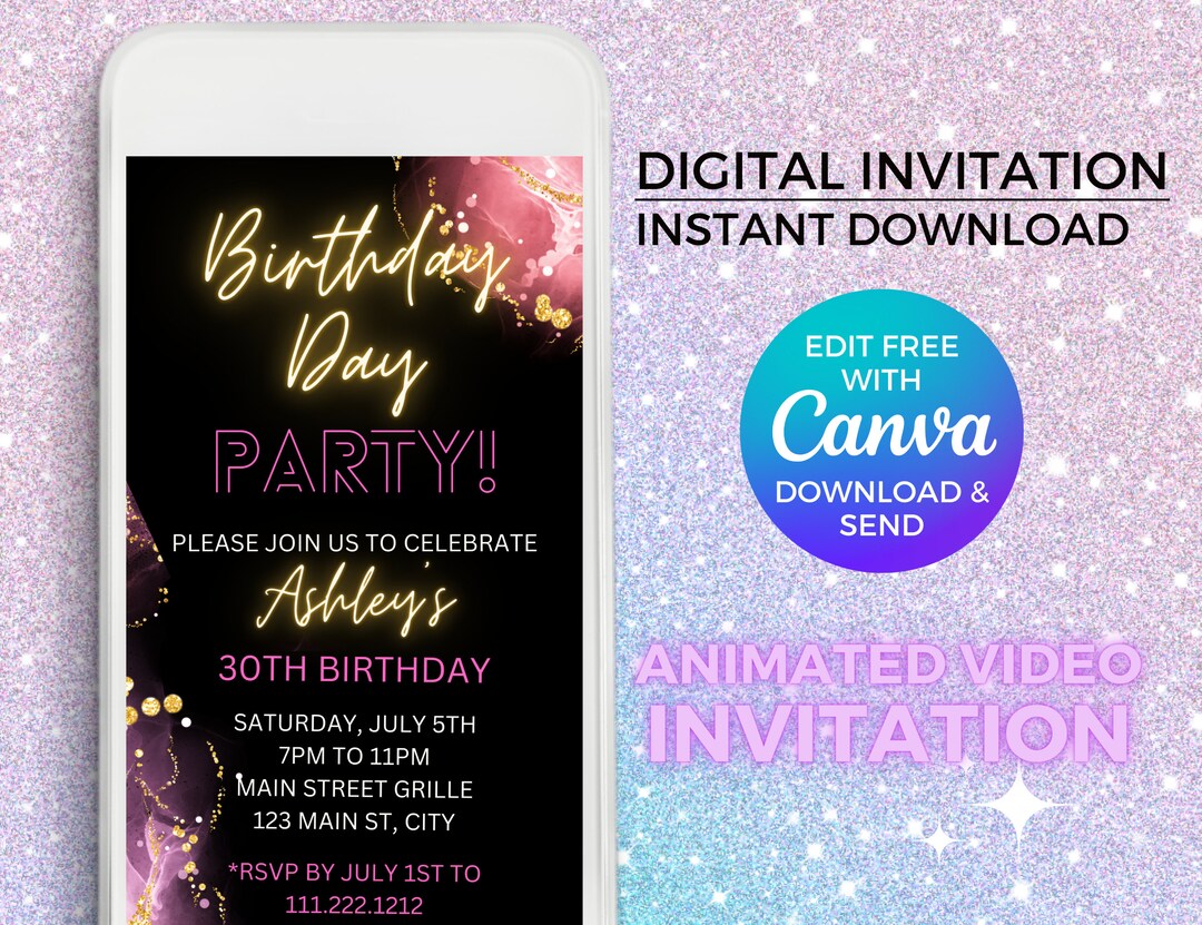 Digital Birthday Party Invitation Template, Editable Text Invitation