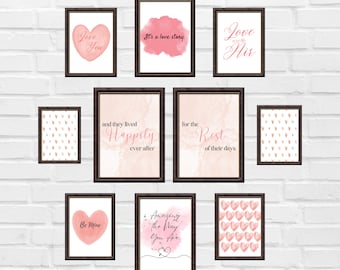 Conjunto imprimible de decoración del día de San Valentín / Corazones de acuarela / Paquete de arte de pared de galería / Impresiones románticas / Descarga digital / Decoraciones