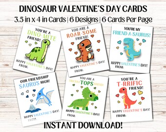 Dinosaurio San Valentín imprimible para niños / Conjunto de tarjetas de San Valentín / Etiquetas escolares imprimibles del Día de San Valentín / Descarga instantánea / Dino Card DIY
