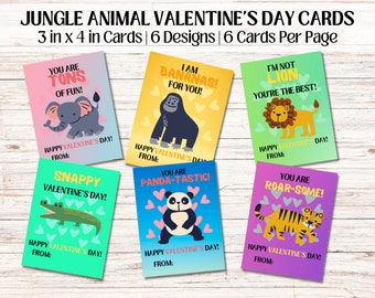 Tarjetas imprimibles de San Valentín de animales para niños/ Juego de tarjetas de San Valentín de animales salvajes / Intercambio de tarjetas de San Valentín de la selva en el aula imprimible