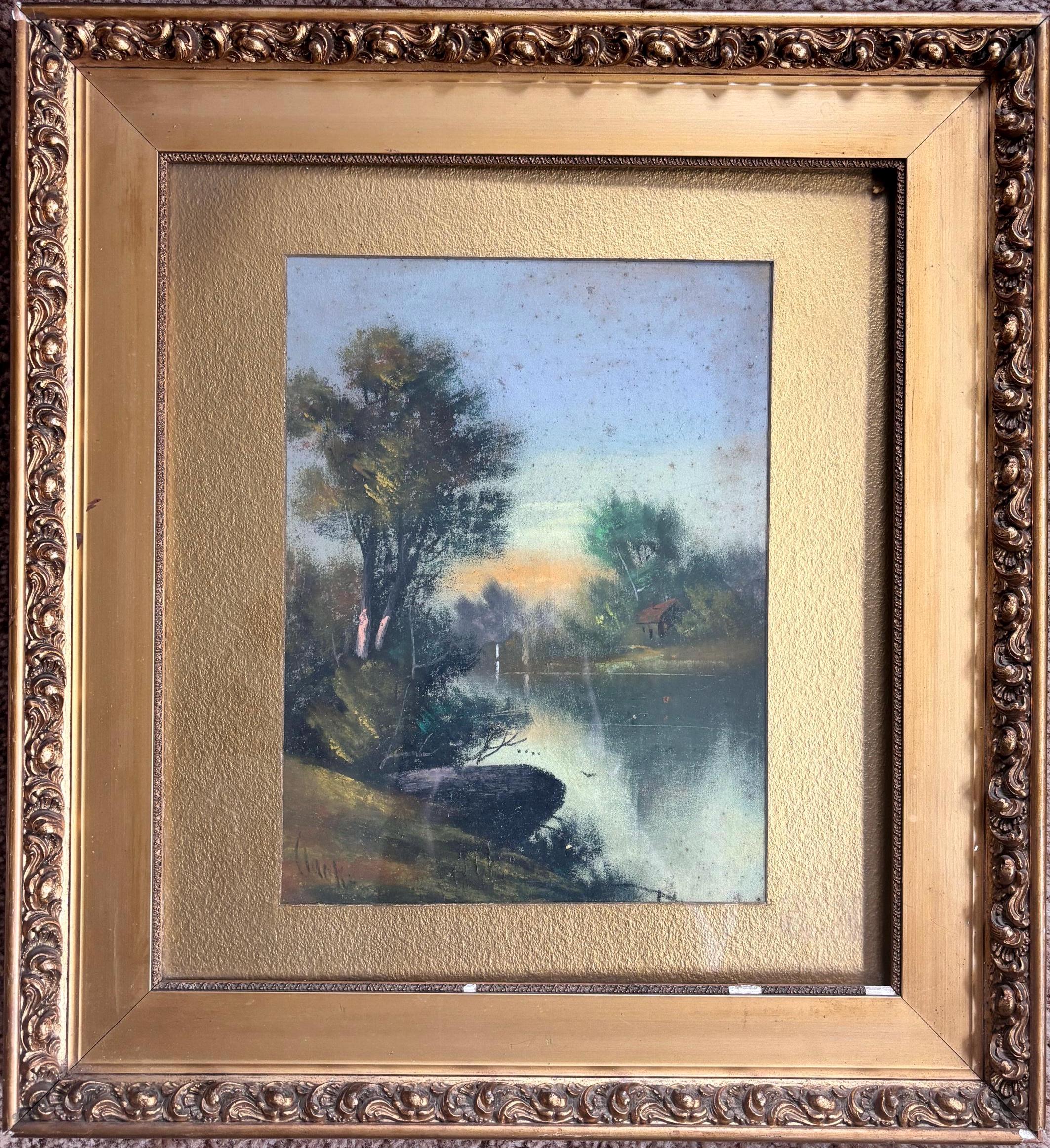 Original Vintage Oil Painting Signed by Clark – Framed Lakeside Landscape | Mid-Century Rustic Art | Cabin Wall Decor