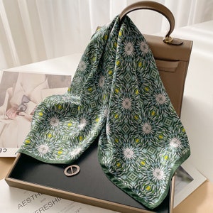 Green oil painting mulberry silk scarf/70CM 100% mulberry silk scarf/Silk shawl/Gift for her