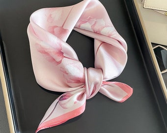 Pink Spring Flowers 100% mulberry Silk Scarf/Silk head scarf/Silk hair scarf/Silk neck scarf/Mother's Day Gifts/Bag Accessory/Gift for her