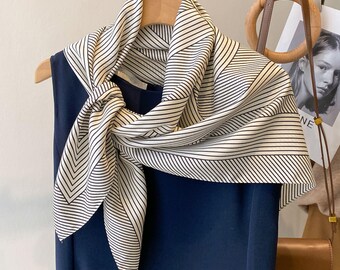 Black and White Striped Minimalist Large Silk Scarf/90*90cm/Satin Shawl/Twill Scarf/Gift for Her/Mother's Day Gift-Customized Your Fabrics