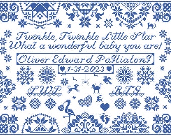 Quaker Baby Welcome Sampler Cross Stitch Pattern, Twinkle Star, Birth Record (PDF Pattern)