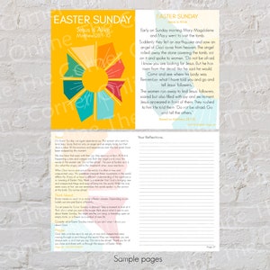 May include: A printable Easter Sunday activity booklet with a colorful sun graphic on the cover. The booklet includes a passage from the Bible, Matthew 28:1-10, and space for reflections.