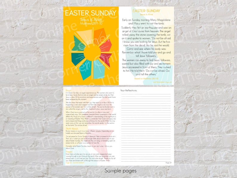 May include: A printable Easter Sunday activity booklet with a colorful sun graphic on the cover. The booklet includes a passage from the Bible, Matthew 28:1-10, and space for reflections.