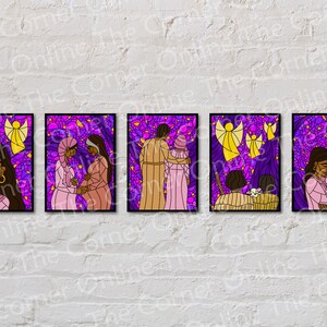 May include: Five framed art prints in a stained-glass style, depicting religious scenes. The artwork features figures in pink, tan, and brown against a purple and yellow background. The images are displayed on a white brick wall.