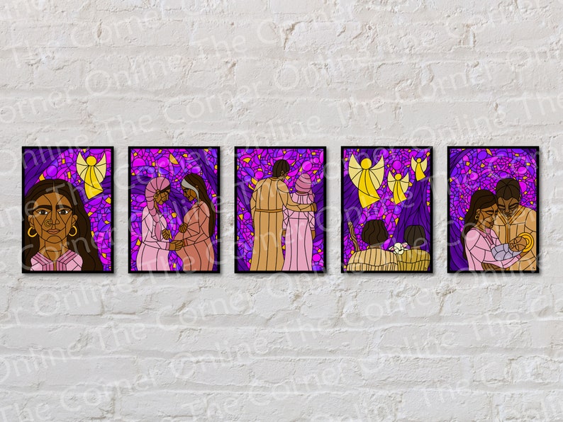 May include: Five framed art prints in a stained-glass style, depicting religious scenes. The artwork features figures in pink, tan, and brown against a purple and yellow background. The images are displayed on a white brick wall.
