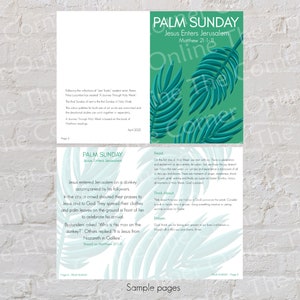 May include: Palm Sunday printable with a green background and palm leaves. The text reads "Palm Sunday, Jesus Enters Jerusalem, Matthew 21:1-11".