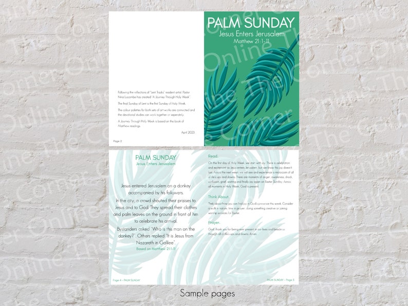 May include: Palm Sunday printable with a green background and palm leaves. The text reads "Palm Sunday, Jesus Enters Jerusalem, Matthew 21:1-11".