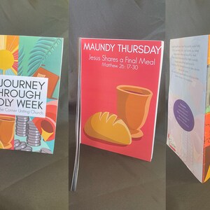 May include: A colourful booklet titled "A Journey Through Holy Week" from The Corner Uniting Church. The cover features a sun, palm tree, and a chalice with bread.