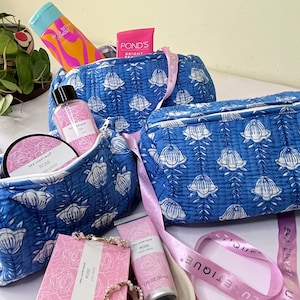 Handblock bedruckte gesteppte Baumwollbeutel-Set - wasserdichte gefütterte Make-up-Tasche | Indische Kulturtasche | Reiseveranstalter | Zubehör-Tasche